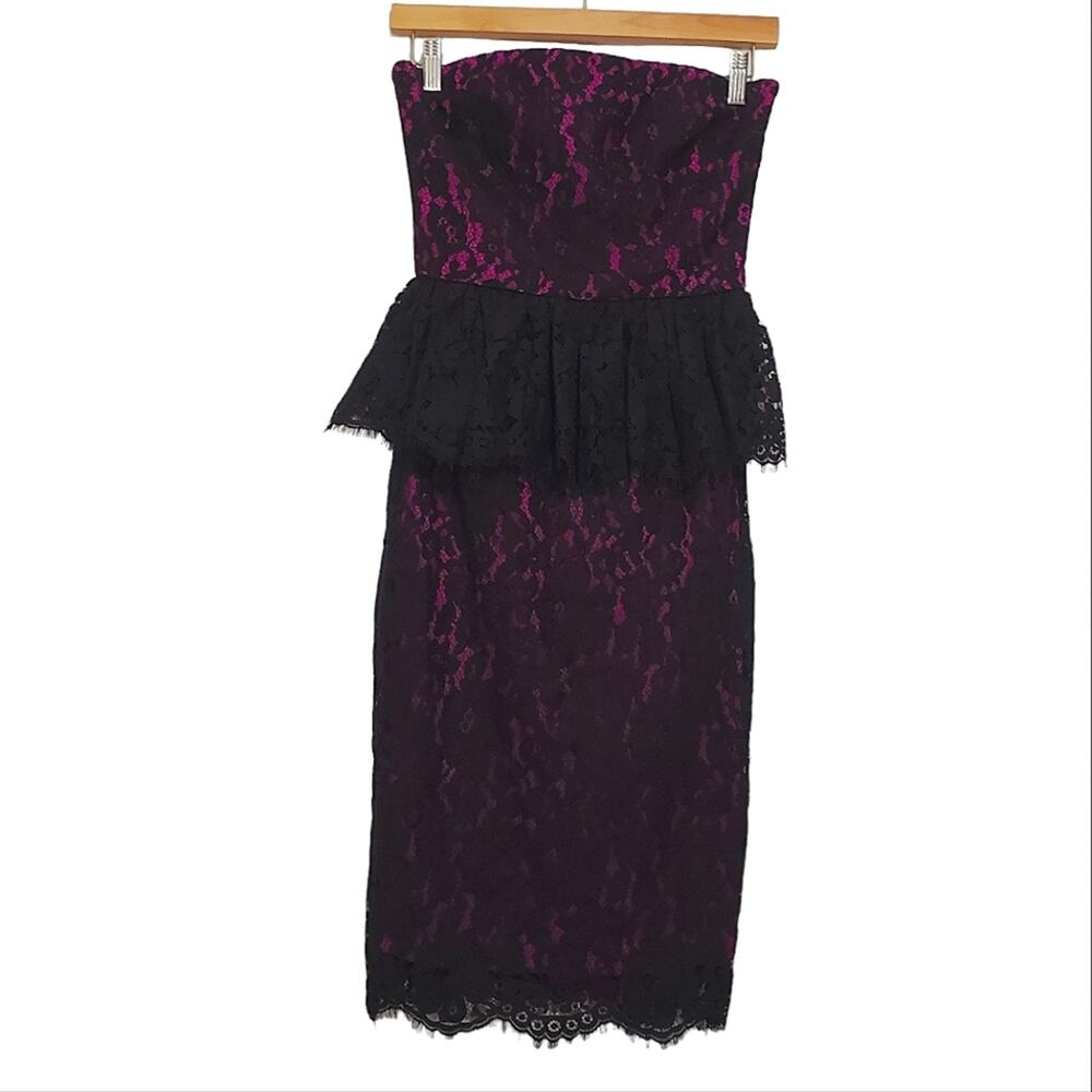 Robert Rodriquez | Peplum Lace Magenta and Black Strapless Cocktail Dress